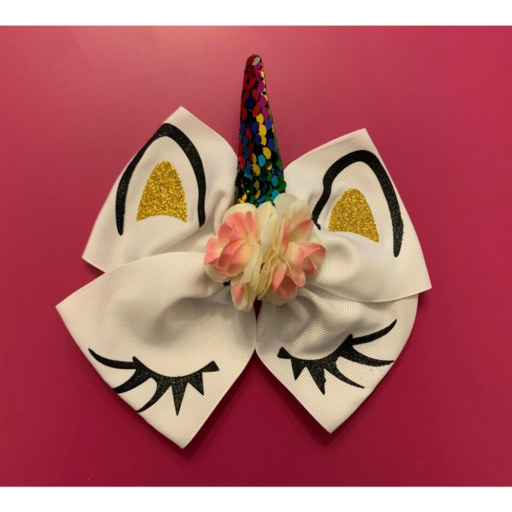 White pink Unicorn Bow 6 inches